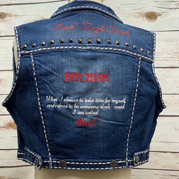 RTB Real Tough B itch Embroidered Denim Vest Medium Embellished Bitchism - Picture 1 of 10